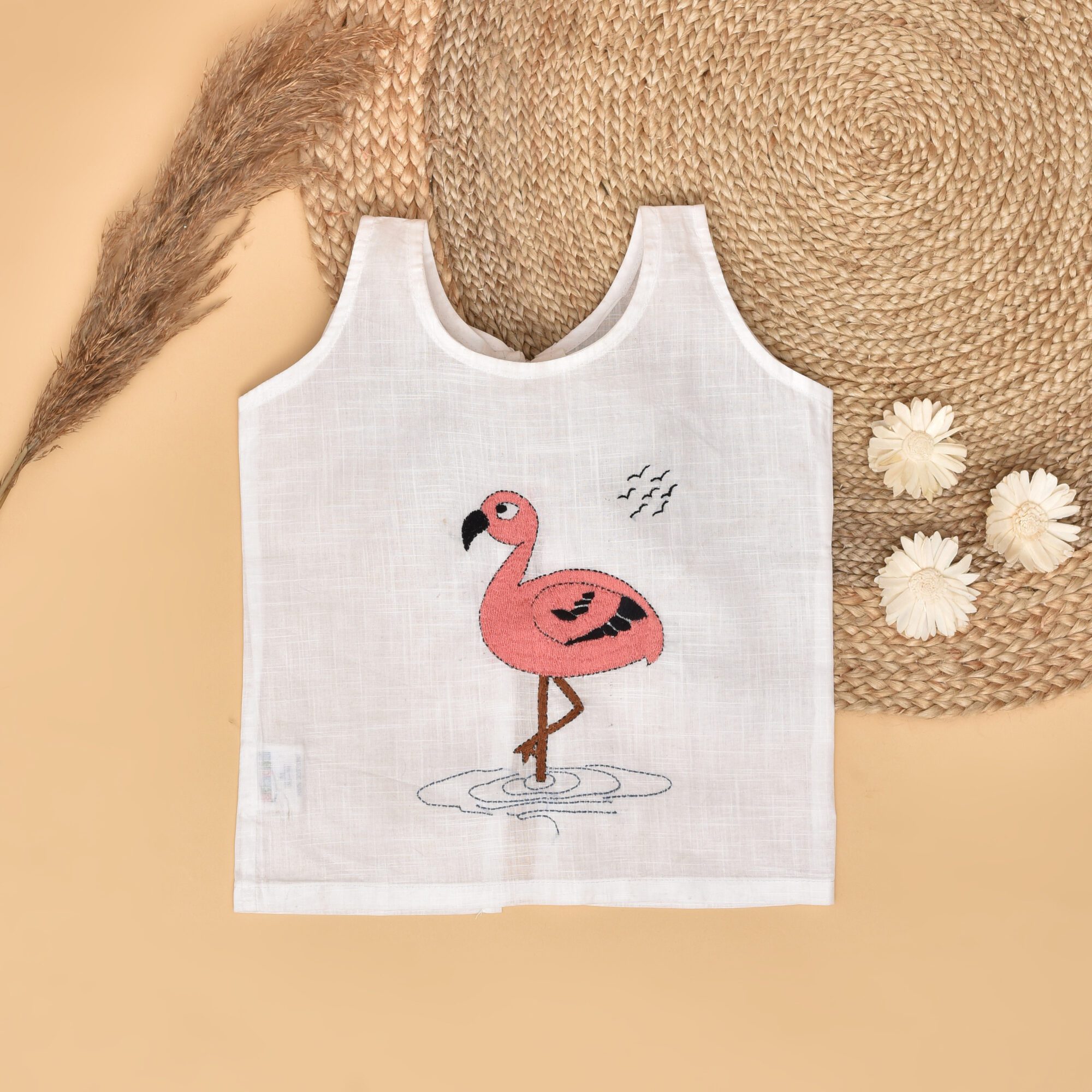 White Cotton Back Open Jabla for Babies with Flamingo Design Hand Embroidery