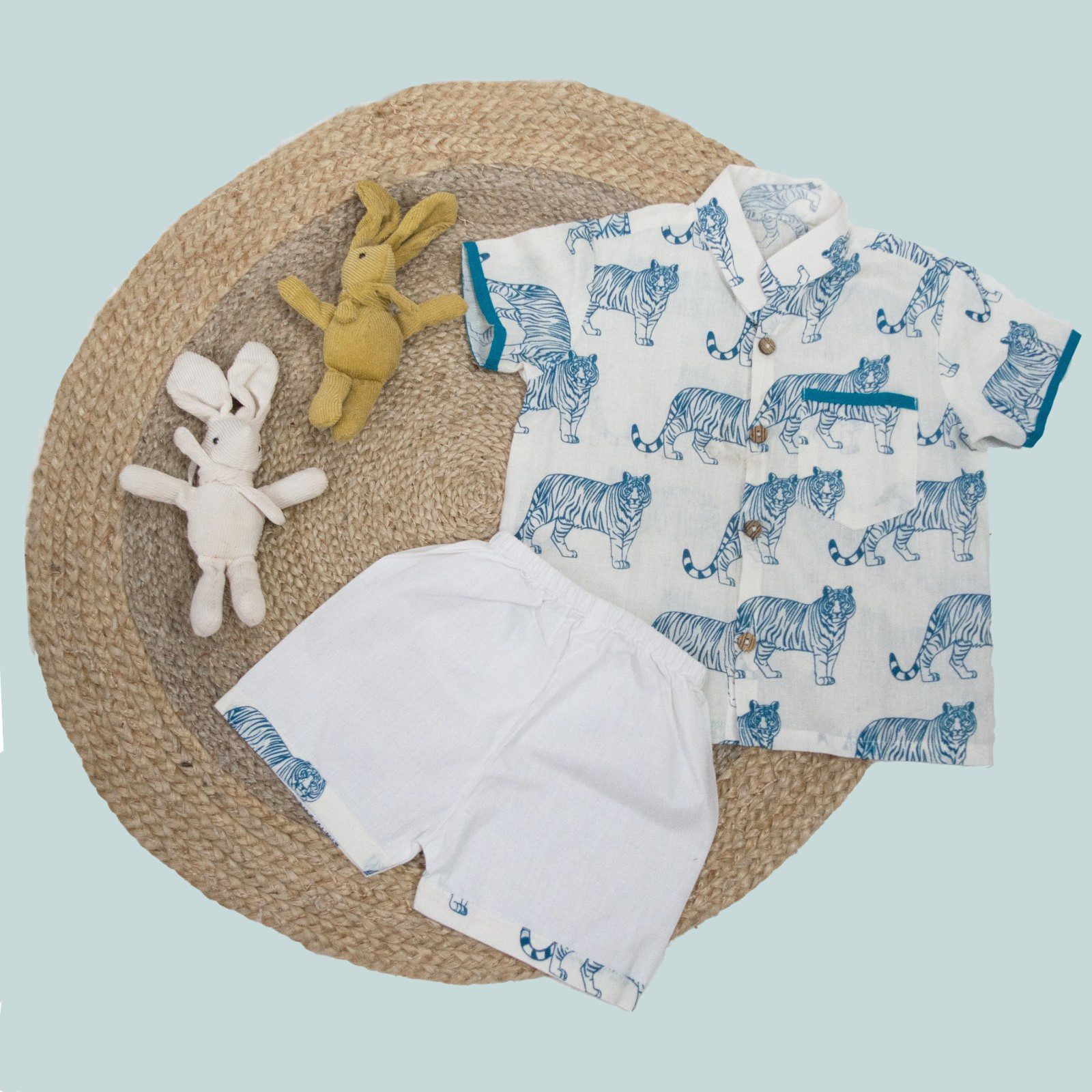 White Hand Block Tiger Design Cotton Shirt Pant Set