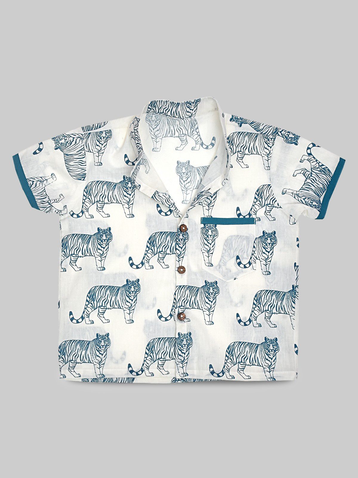 White Hand Block Tiger Design Cotton Shirt Pant Set - Image 2