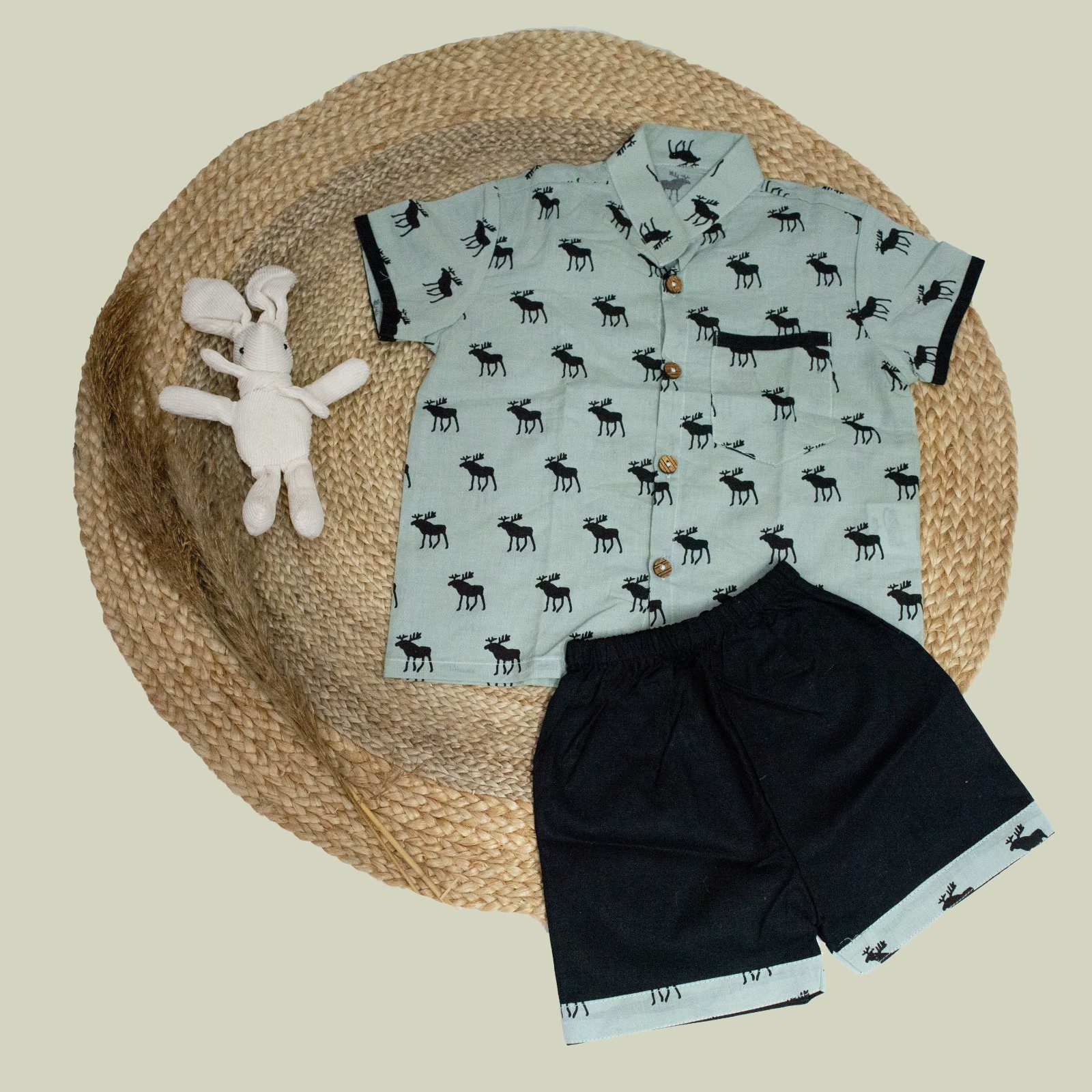 Grey Printed Reindeer Design Cotton Shirt Pant Set