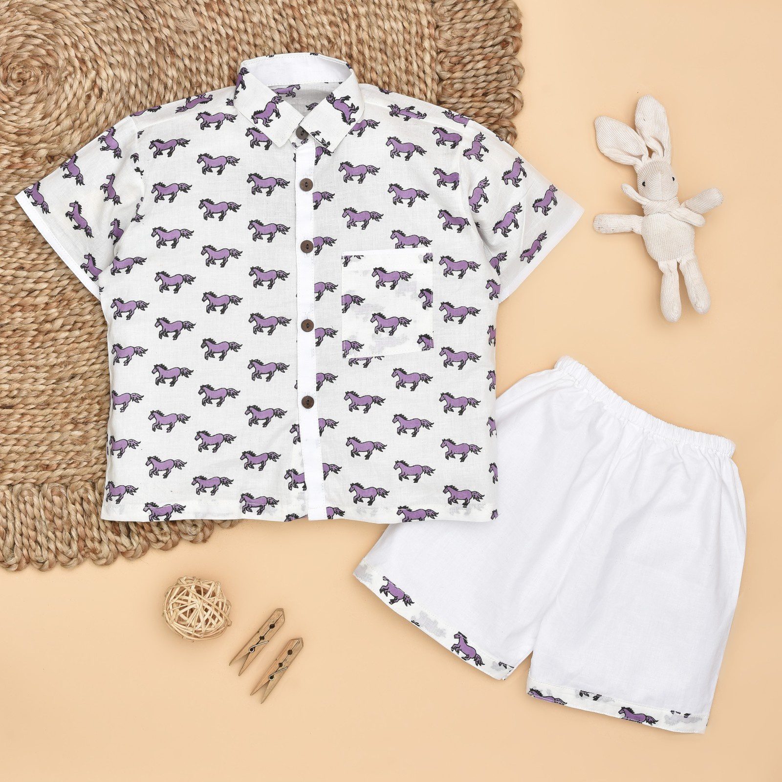 White Printed Horse Design Cotton Shirt Pant Set
