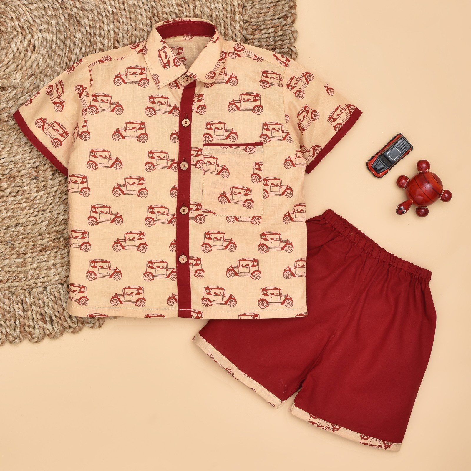 Peach Printed Car Design Cotton Shirt Pant Set
