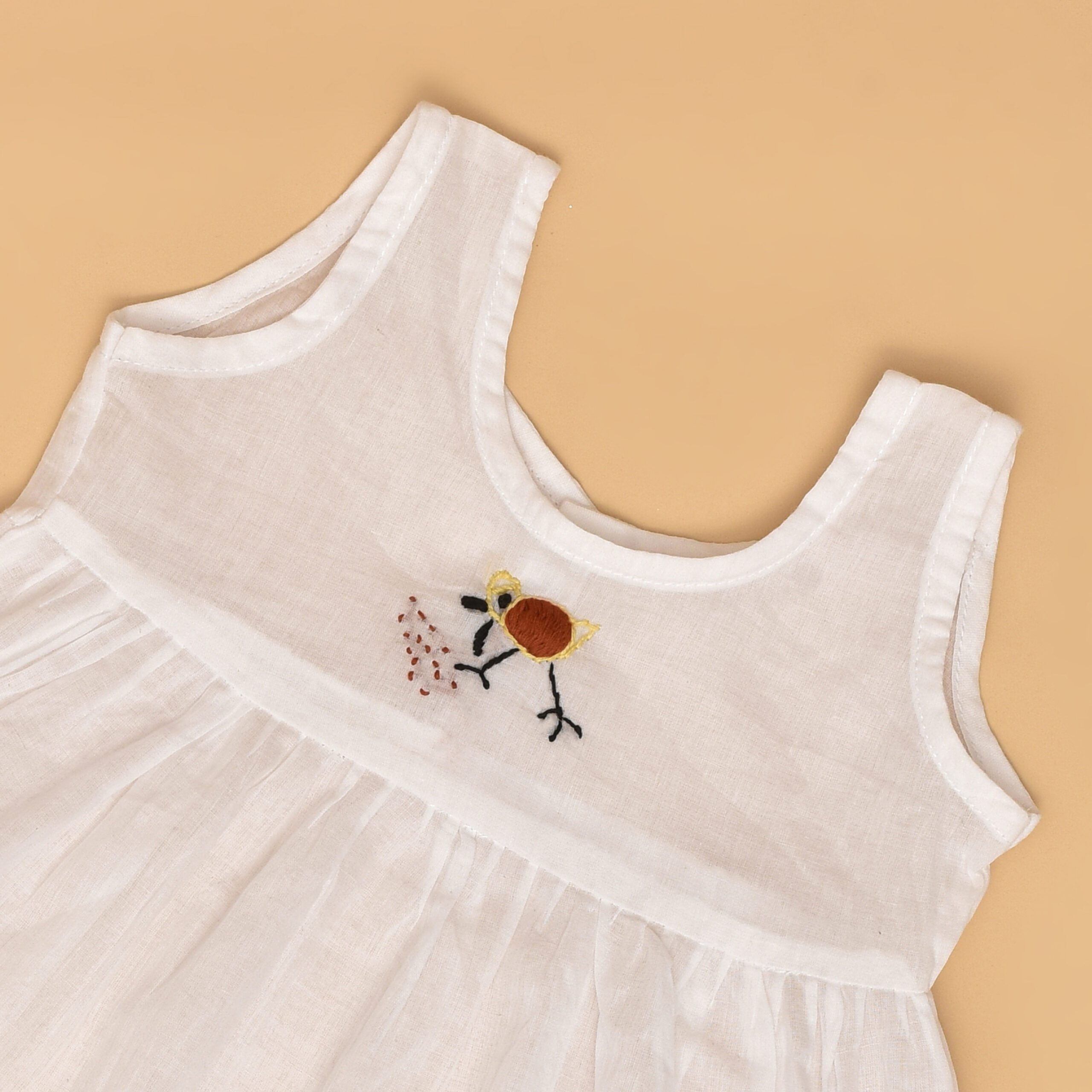 White Mulmul Baby Dress with Hen Design Hand Embroidery - Image 2