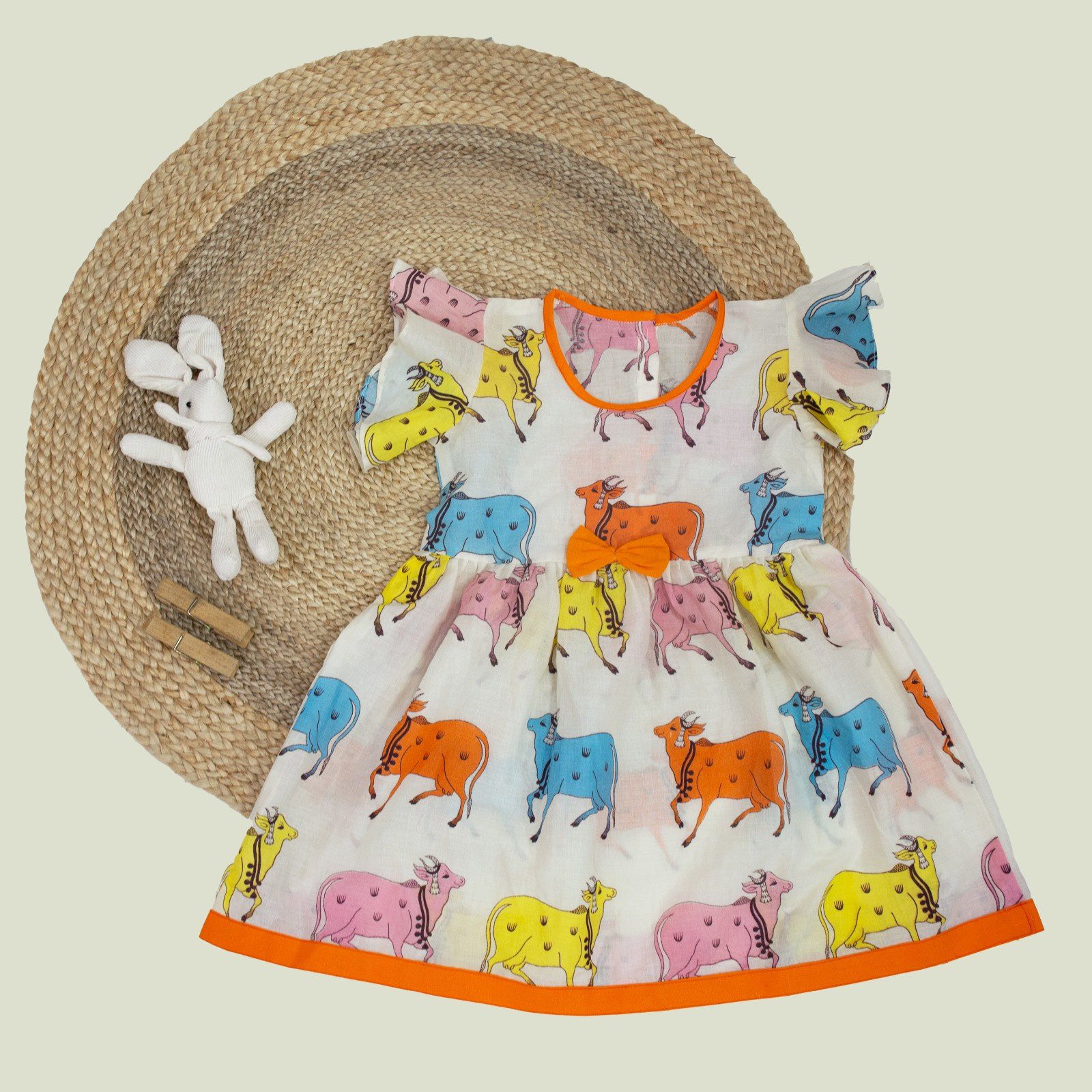 White Printed Cow Design Cotton Frock
