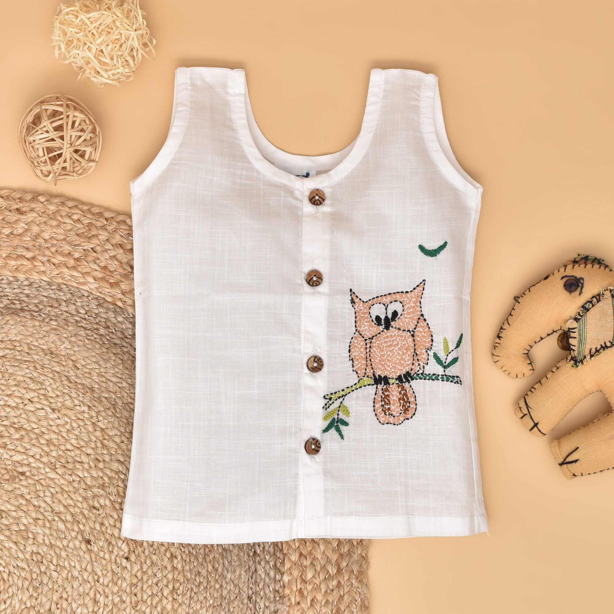 White Cotton Front Open Jabla for Babies with Owl Design Hand Embroidery