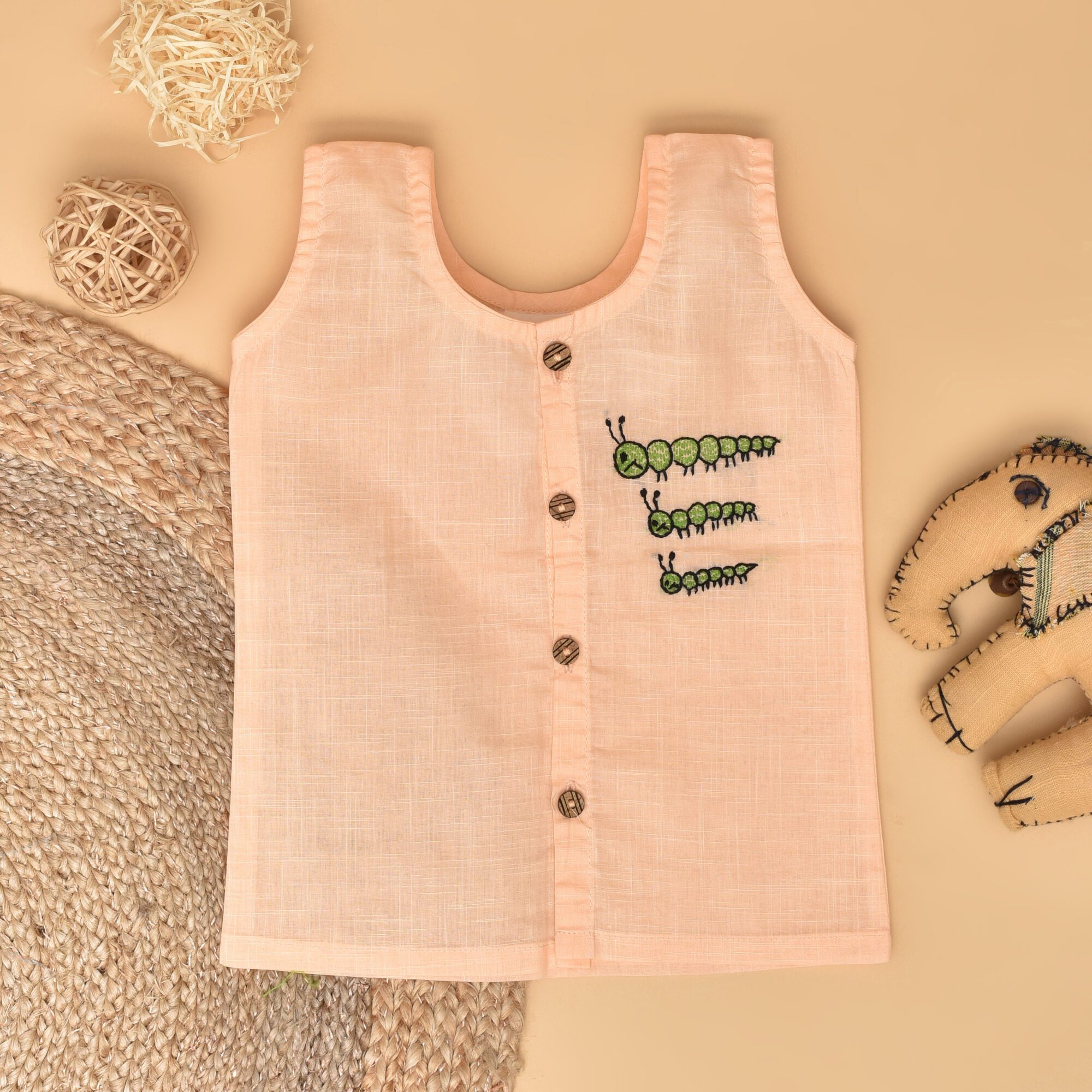 Peach Cotton Front Open Jabla for Babies with Caterpillar Design Hand Embroidery