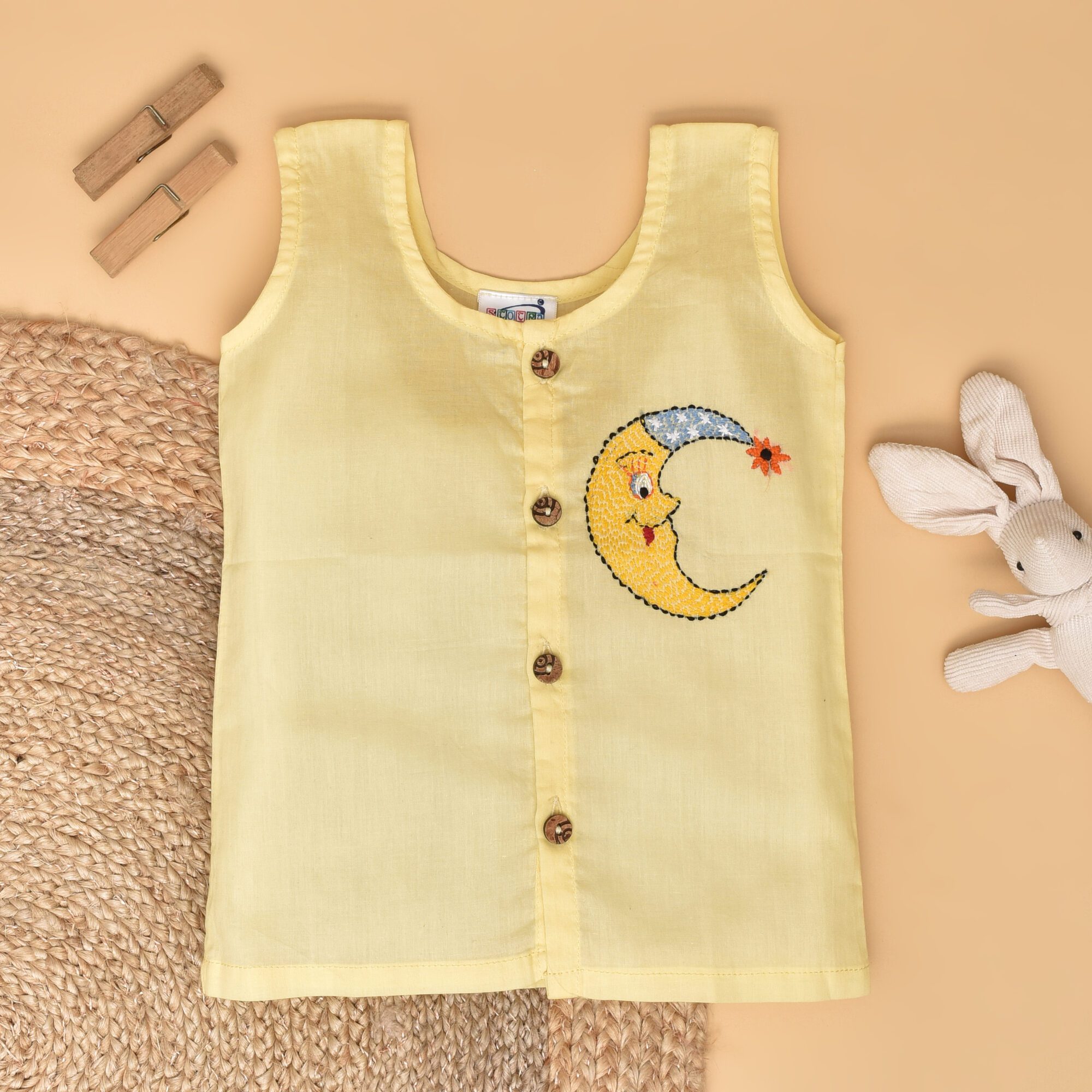 Yellow Cotton Front Open Jabla for Babies with Moon Design Hand Embroidery
