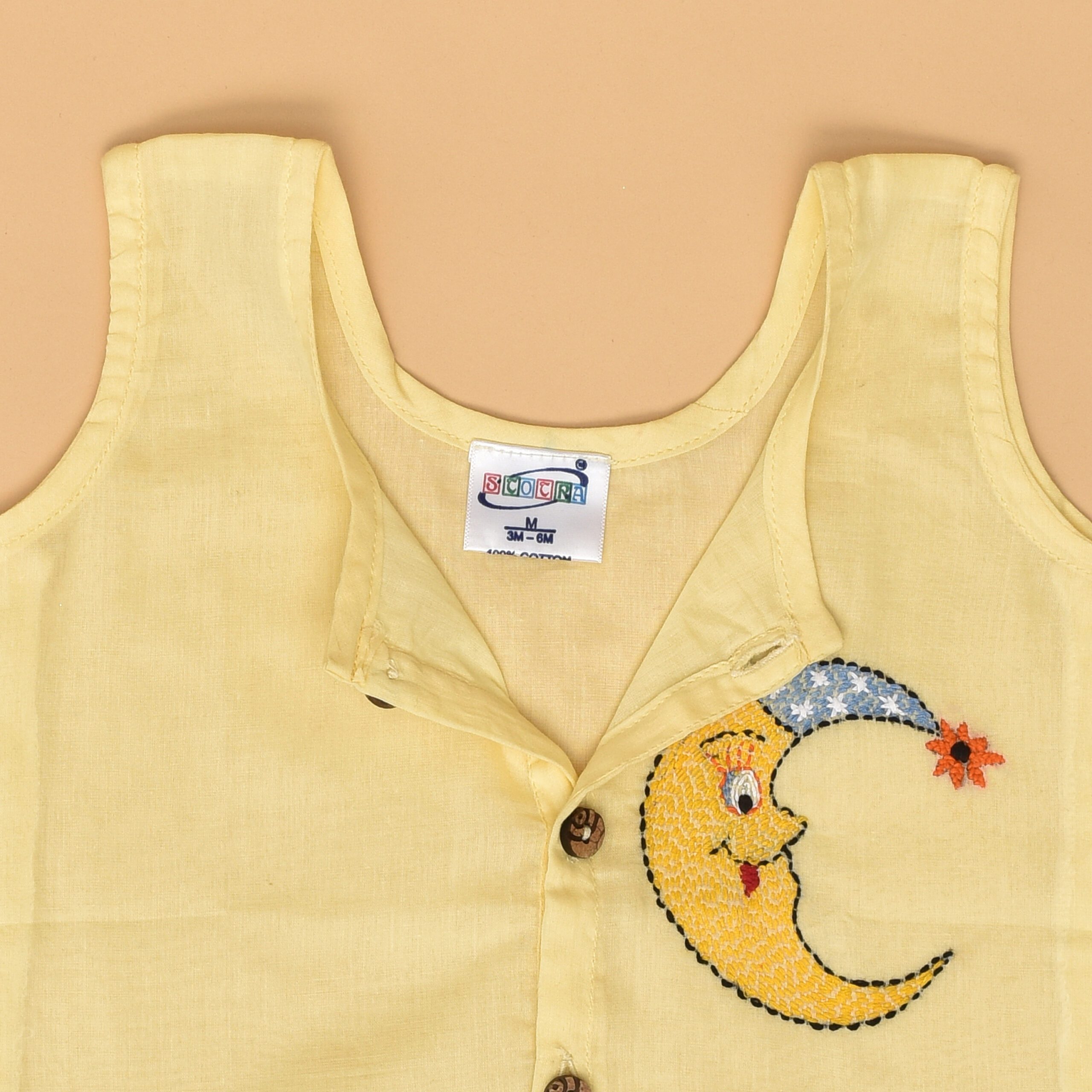 Yellow Cotton Front Open Jabla for Babies with Moon Design Hand Embroidery - Image 2