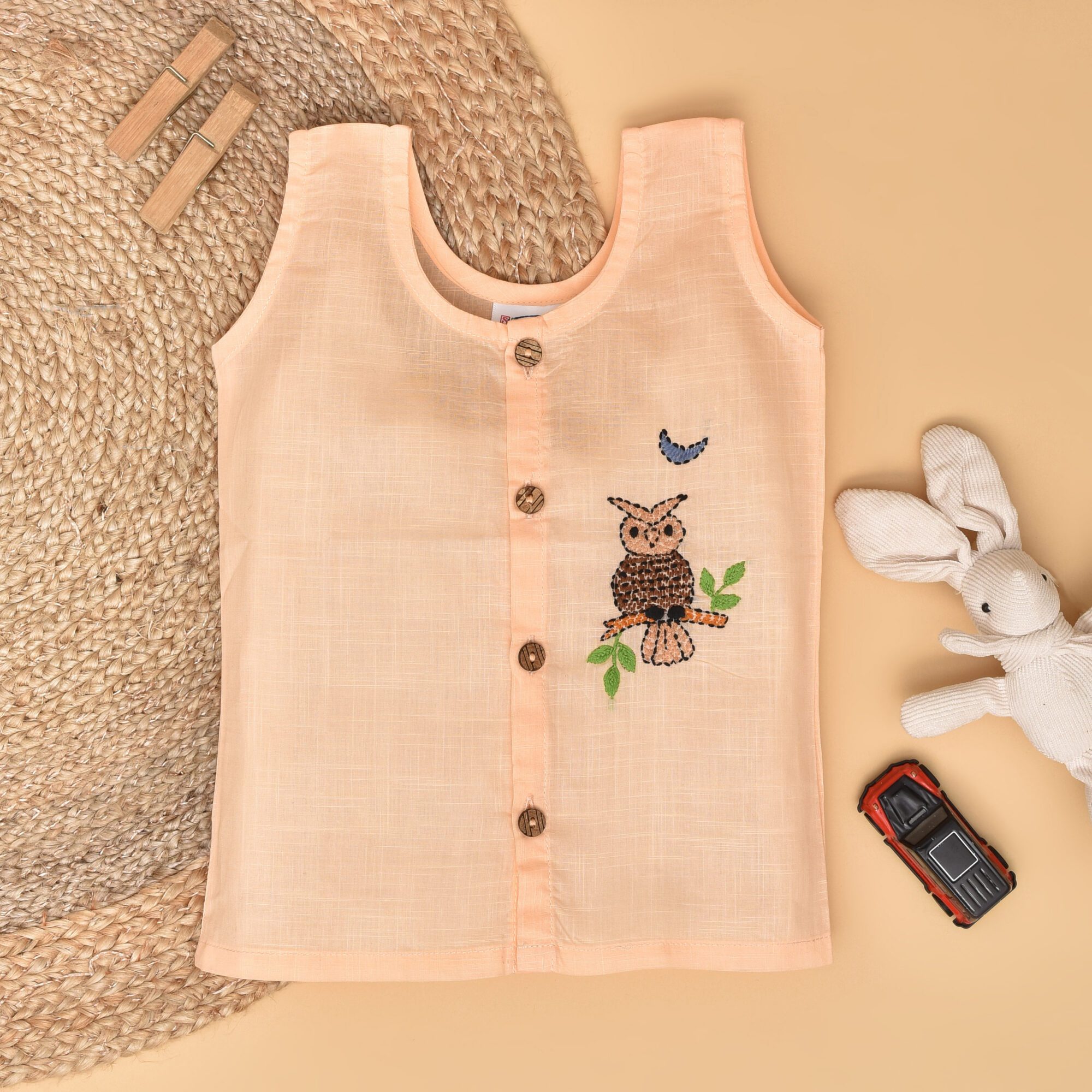 Peach Cotton Front Open Jabla for Babies with Night Owl Design Hand Embroidery