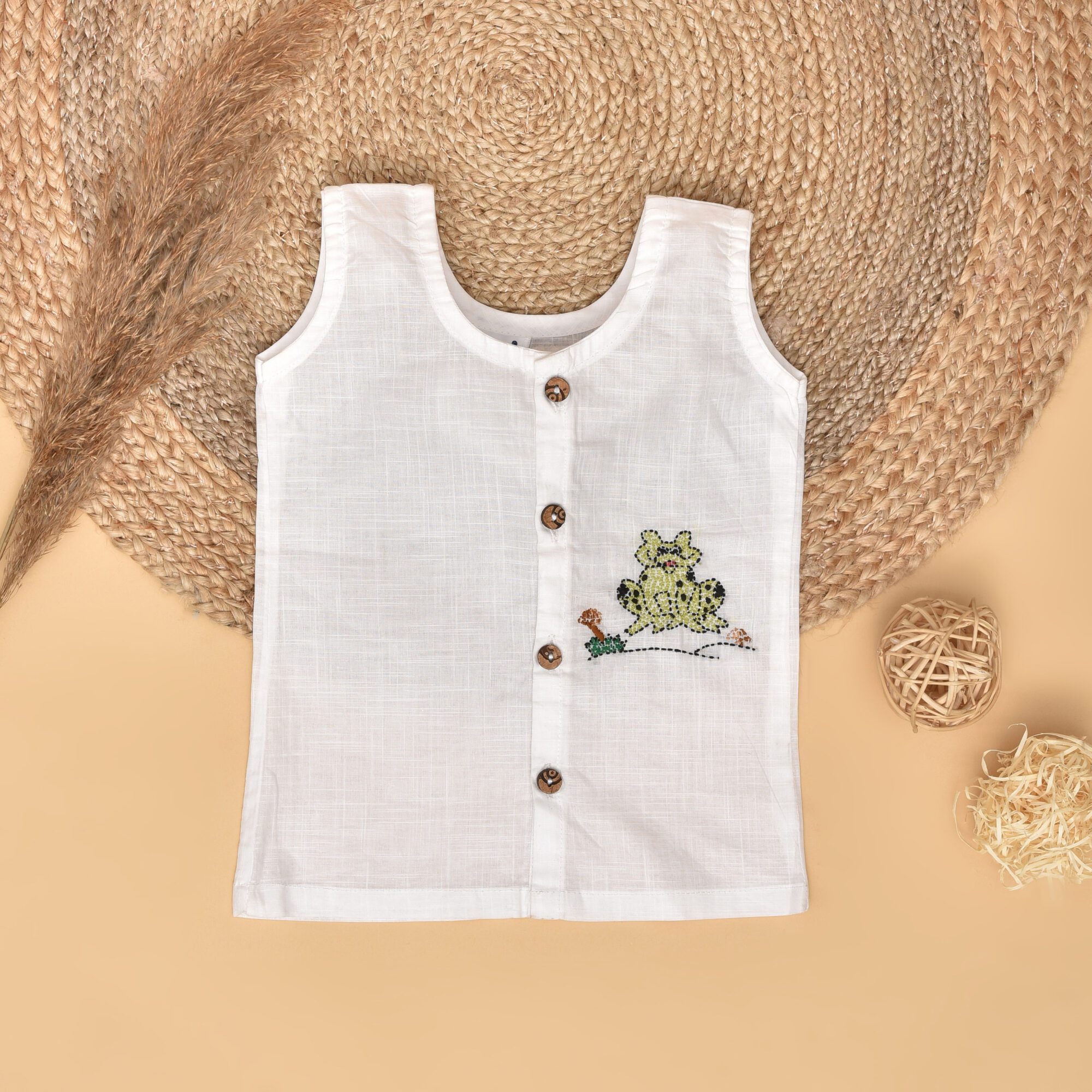 White Cotton Front Open Jabla for Babies with Frog Design Hand Embroidery