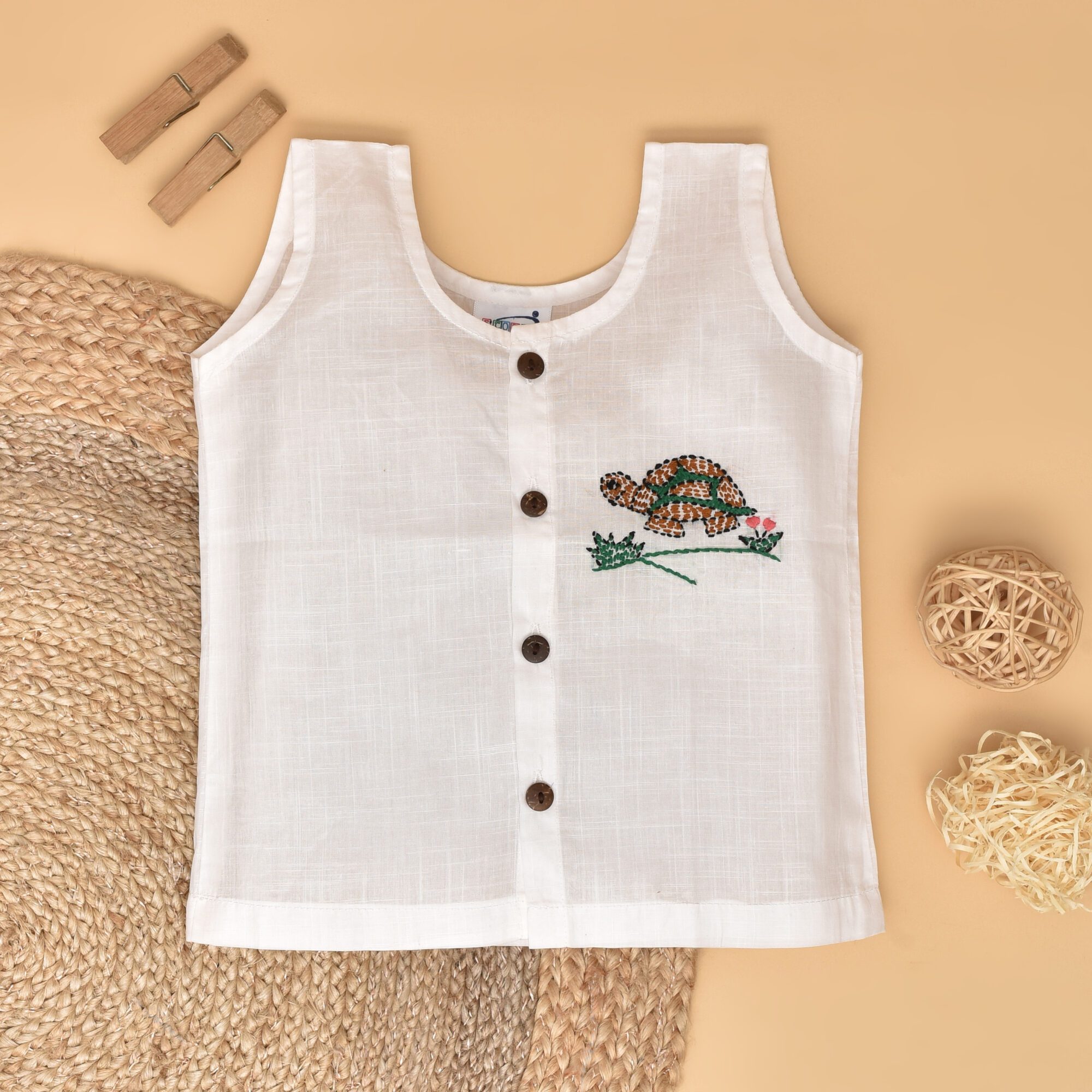 White Cotton Front Open Jabla for Babies with Tortoise Design Hand Embroidery