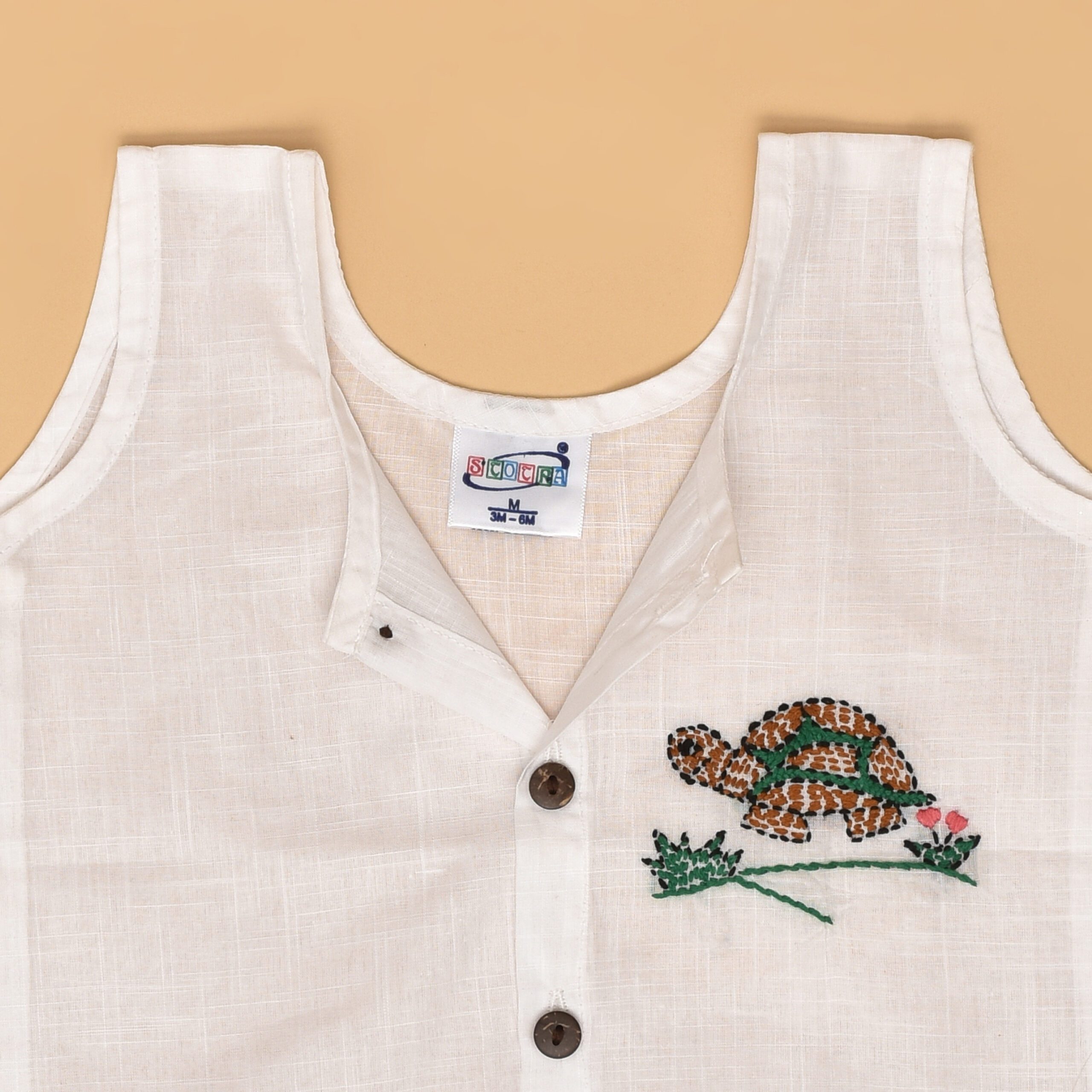 White Cotton Front Open Jabla for Babies with Tortoise Design Hand Embroidery - Image 2