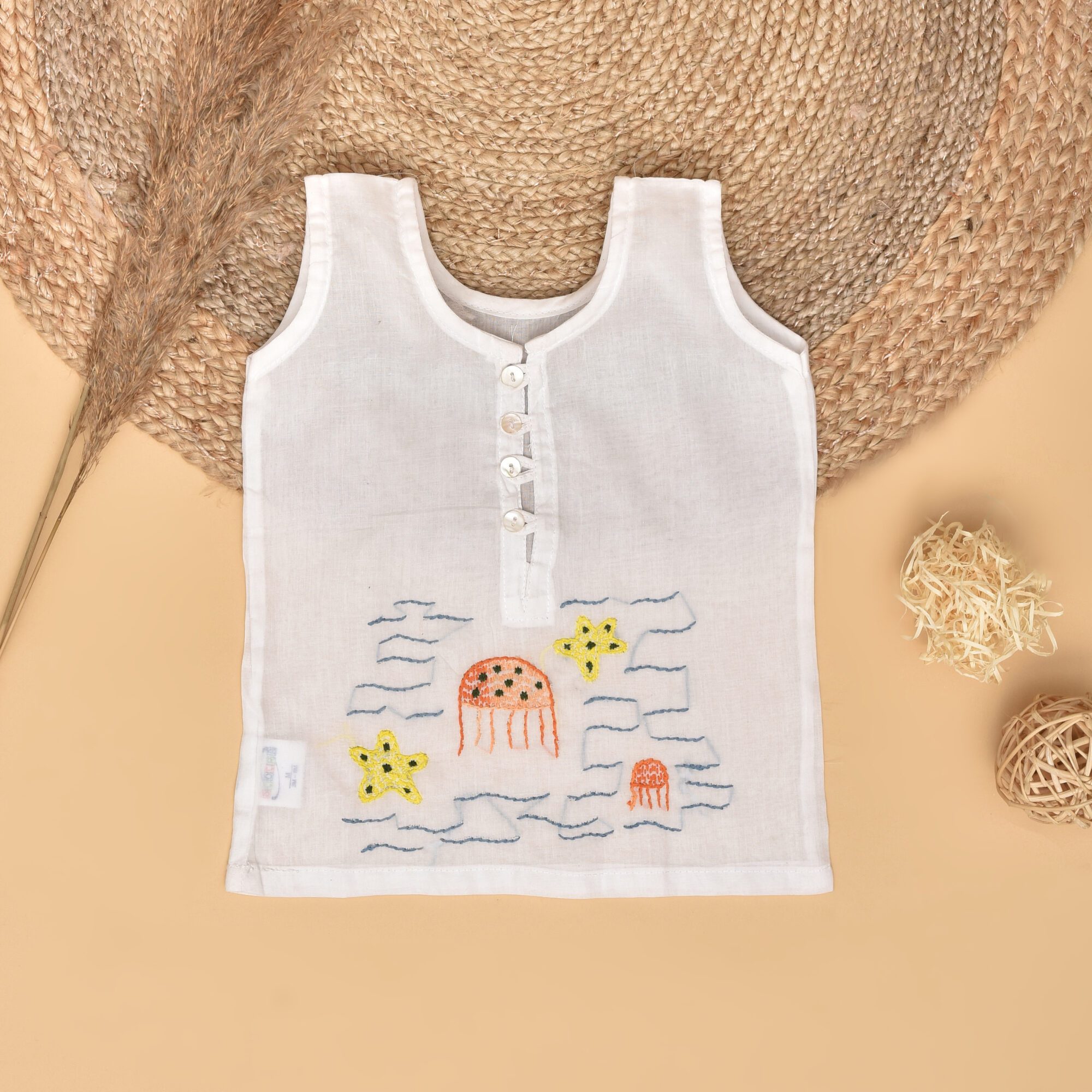 White Mulmul Semi Front Open Jabla for Babies with Sea Creatures Design Hand Embroidery