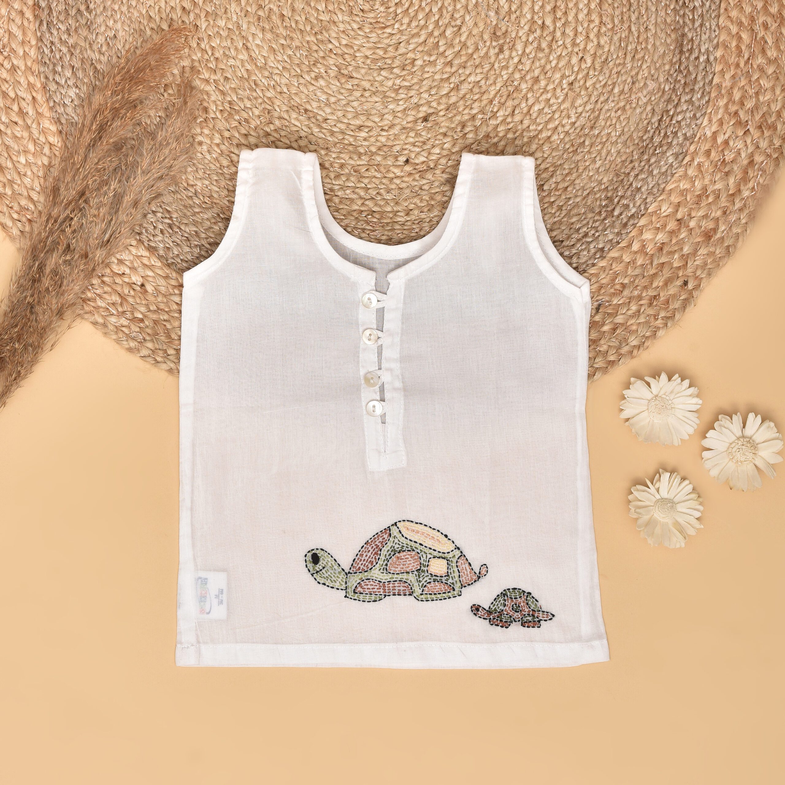 White Mulmul Semi Front Open Jabla for Babies with Tortoise Design Hand Embroidery