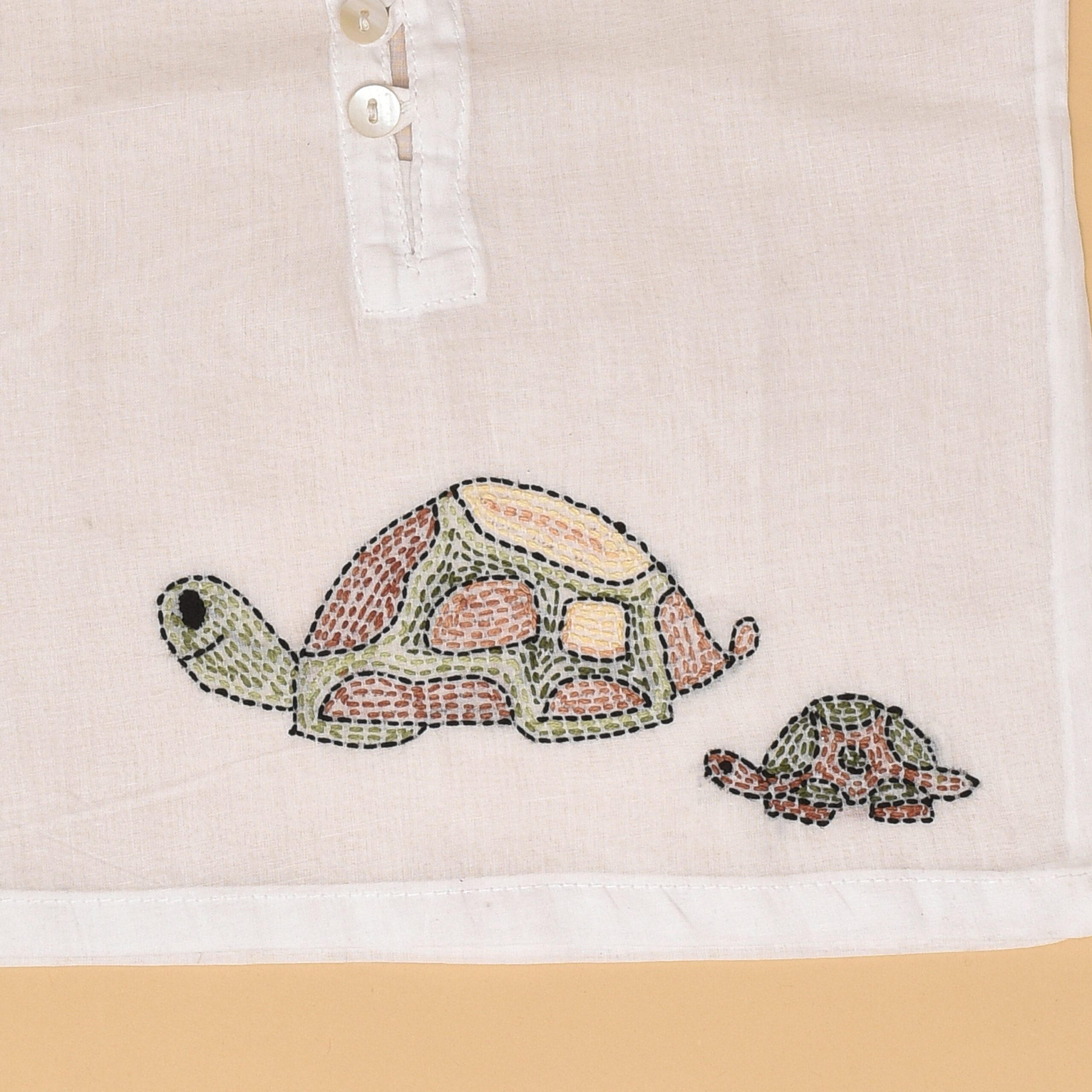 White Mulmul Semi Front Open Jabla for Babies with Tortoise Design Hand Embroidery - Image 3