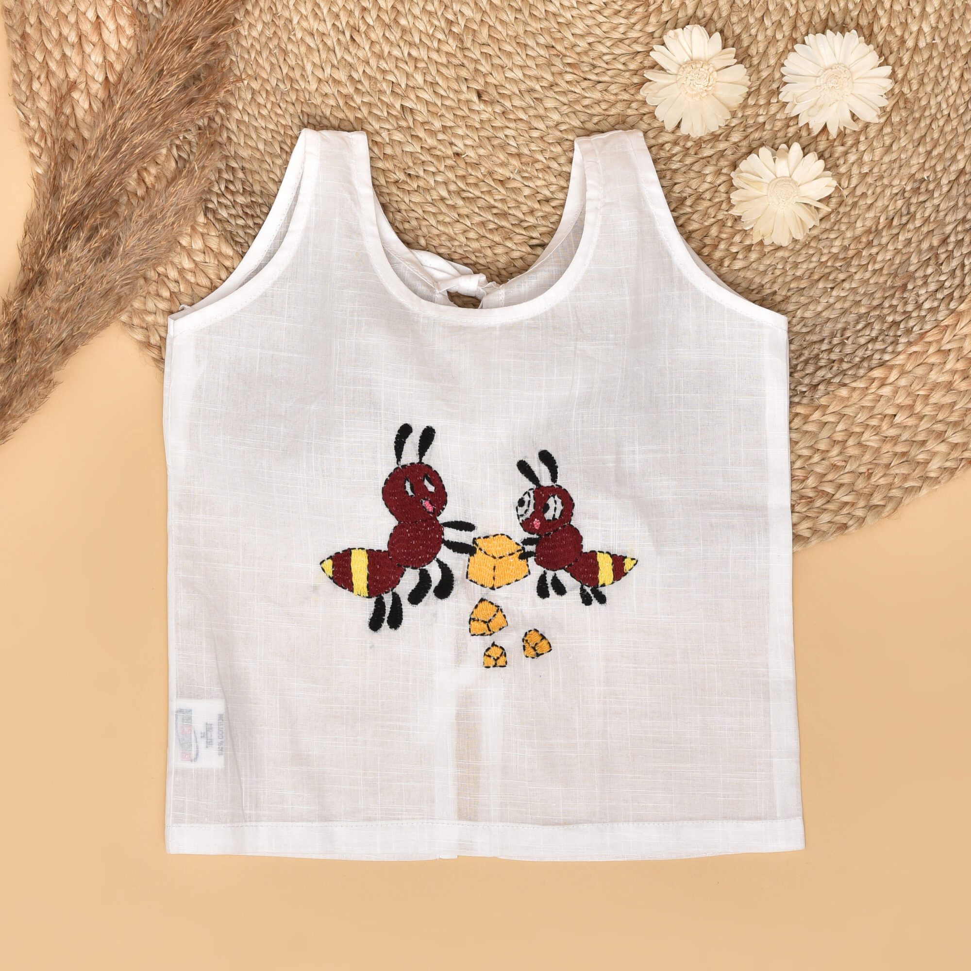 White Cotton Back Open Jabla for Babies with Ant Design Hand Embroidery