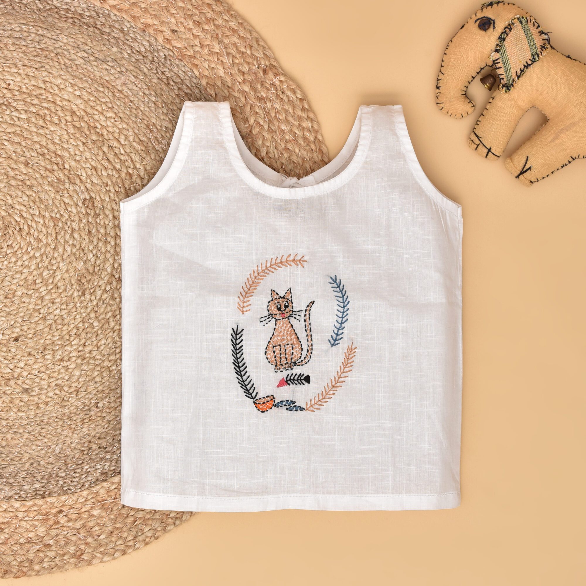 White Cotton Back Open Jabla for Babies with Cat Design Hand Embroidery