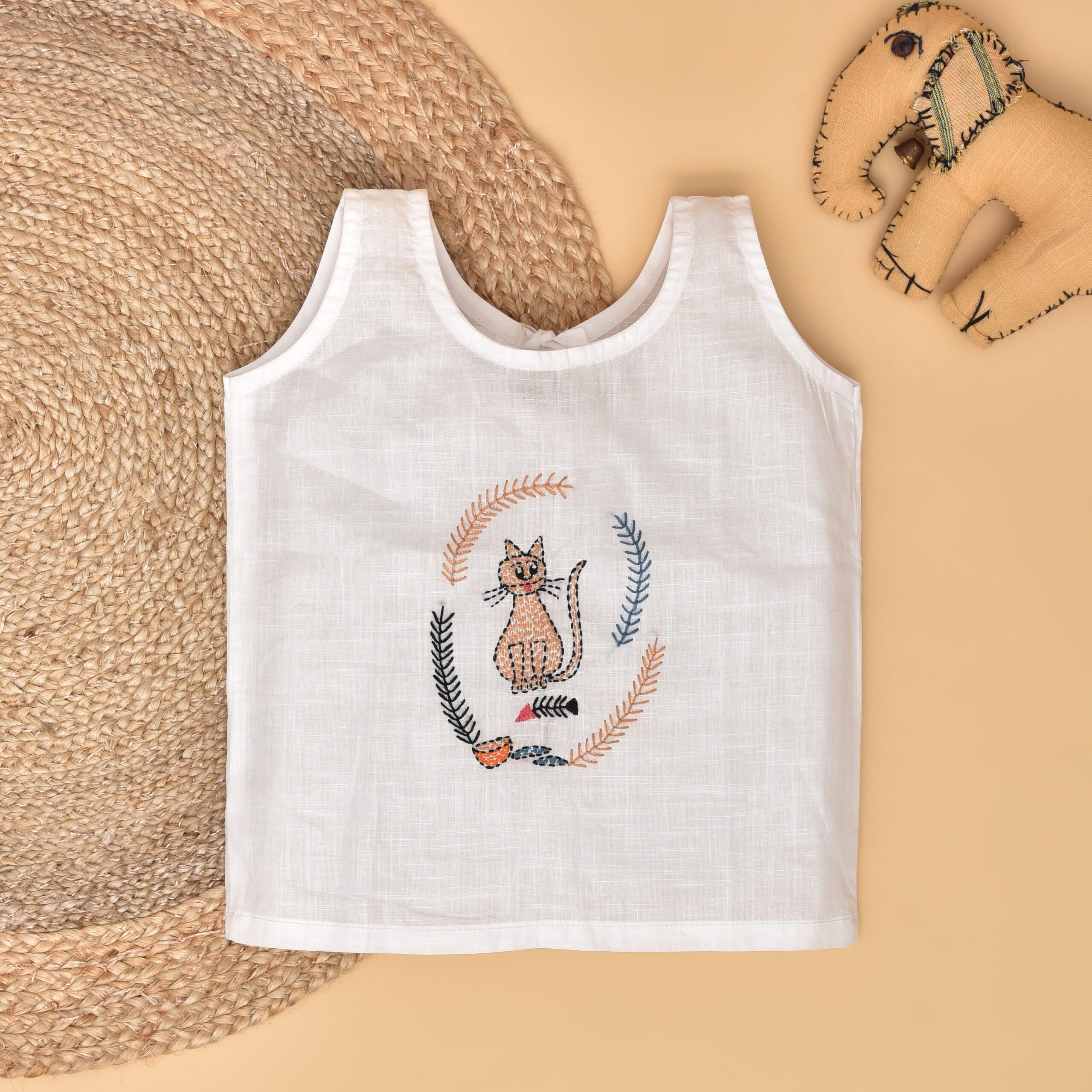 White Cotton Back Open Jabla for Babies with Cat Design Hand Embroidery