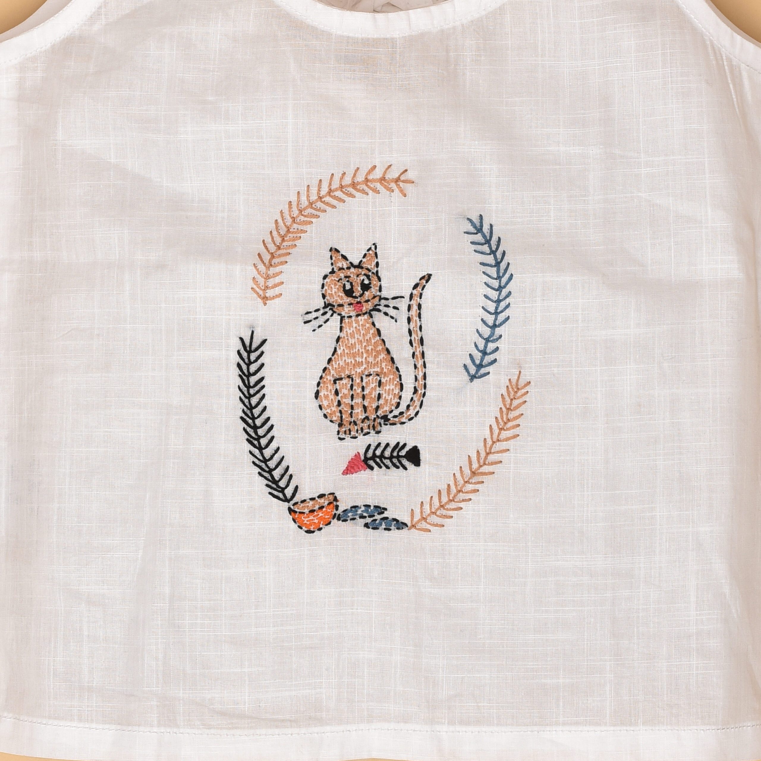 White Cotton Back Open Jabla for Babies with Cat Design Hand Embroidery - Image 2