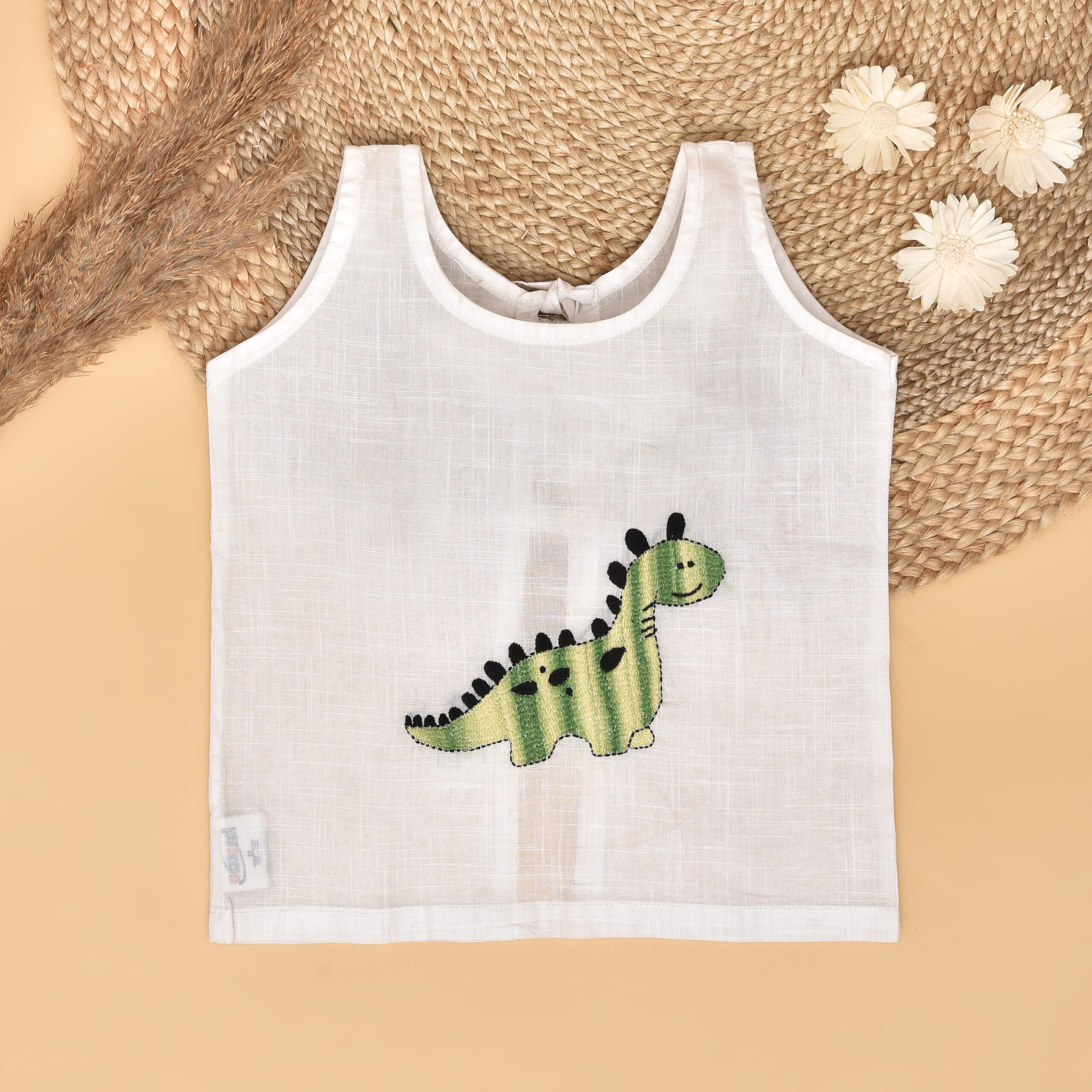 White Cotton Back Open Jabla for Babies with Dinosaur Design Hand Embroidery