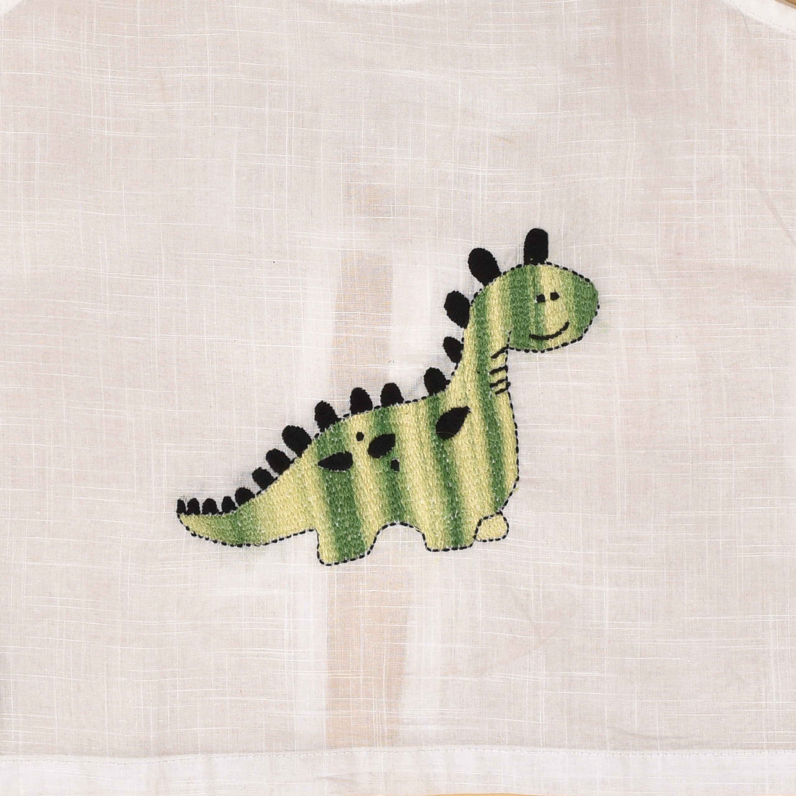 White Cotton Back Open Jabla for Babies with Dinosaur Design Hand Embroidery - Image 2