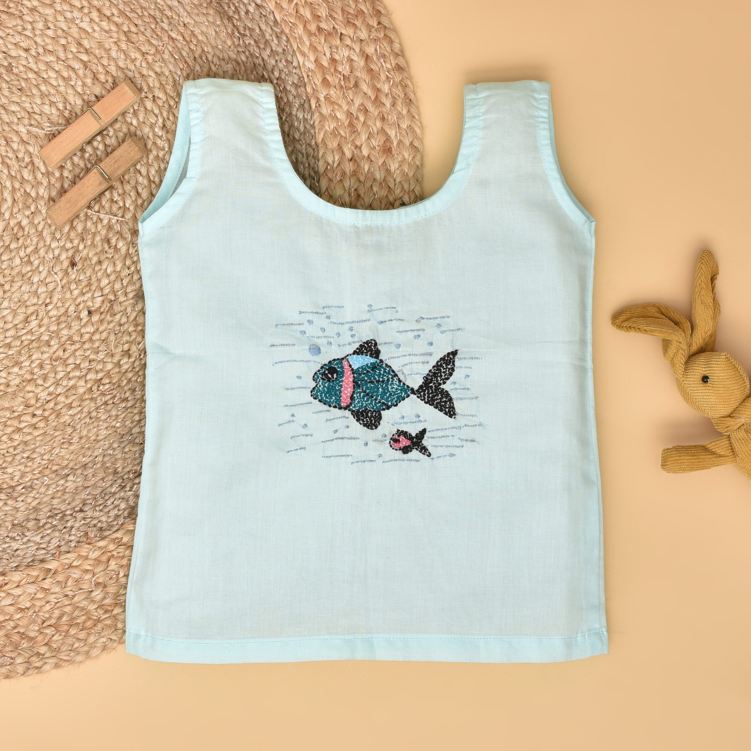 Blue Cotton Back Open Jabla for Babies with Fish Design Hand Embroidery