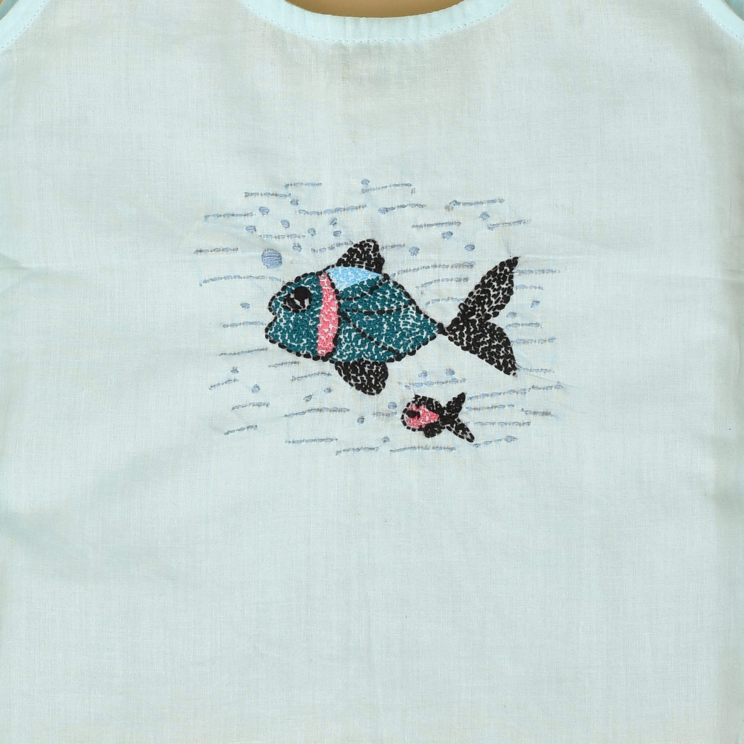 Blue Cotton Back Open Jabla for Babies with Fish Design Hand Embroidery - Image 2