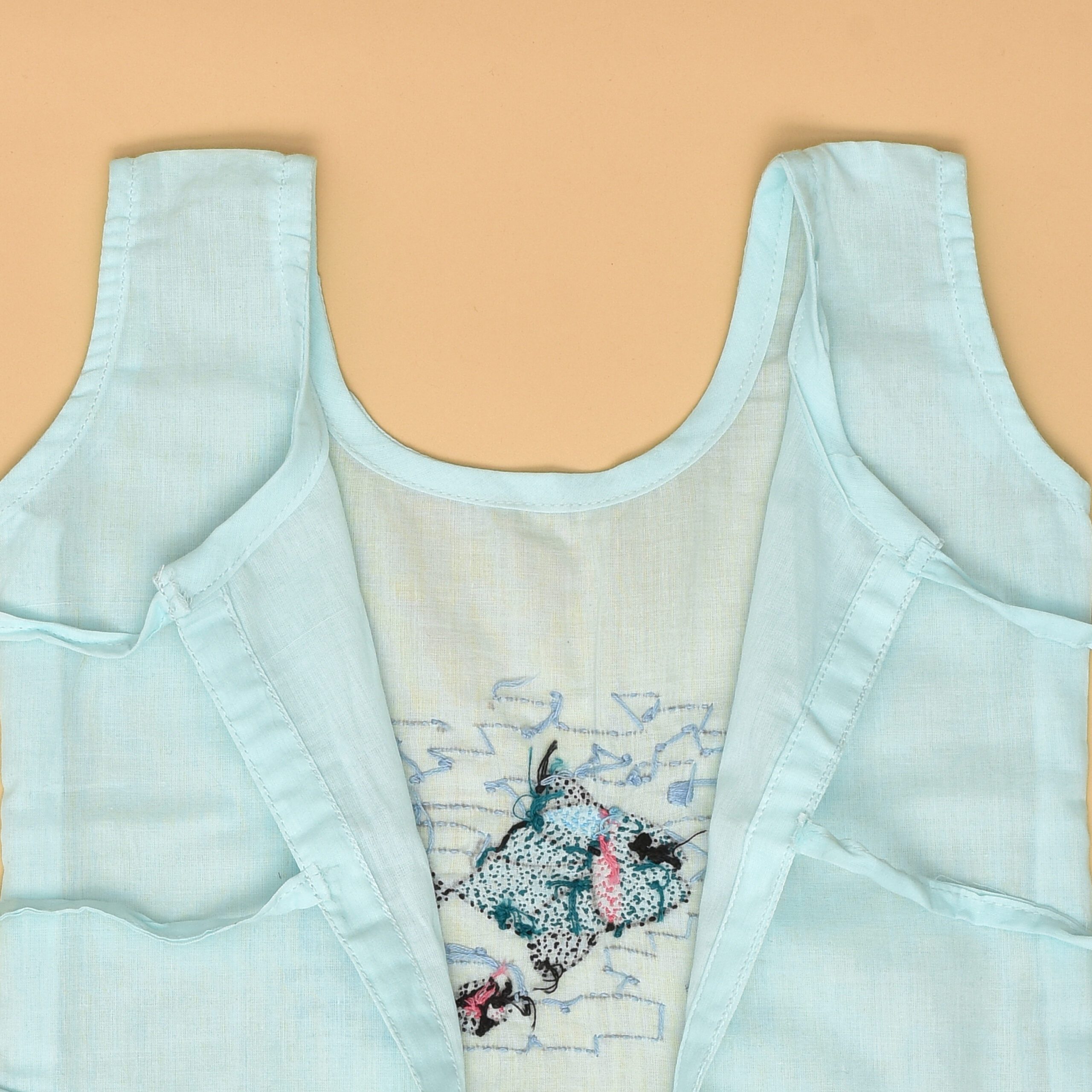 Blue Cotton Back Open Jabla for Babies with Fish Design Hand Embroidery - Image 4