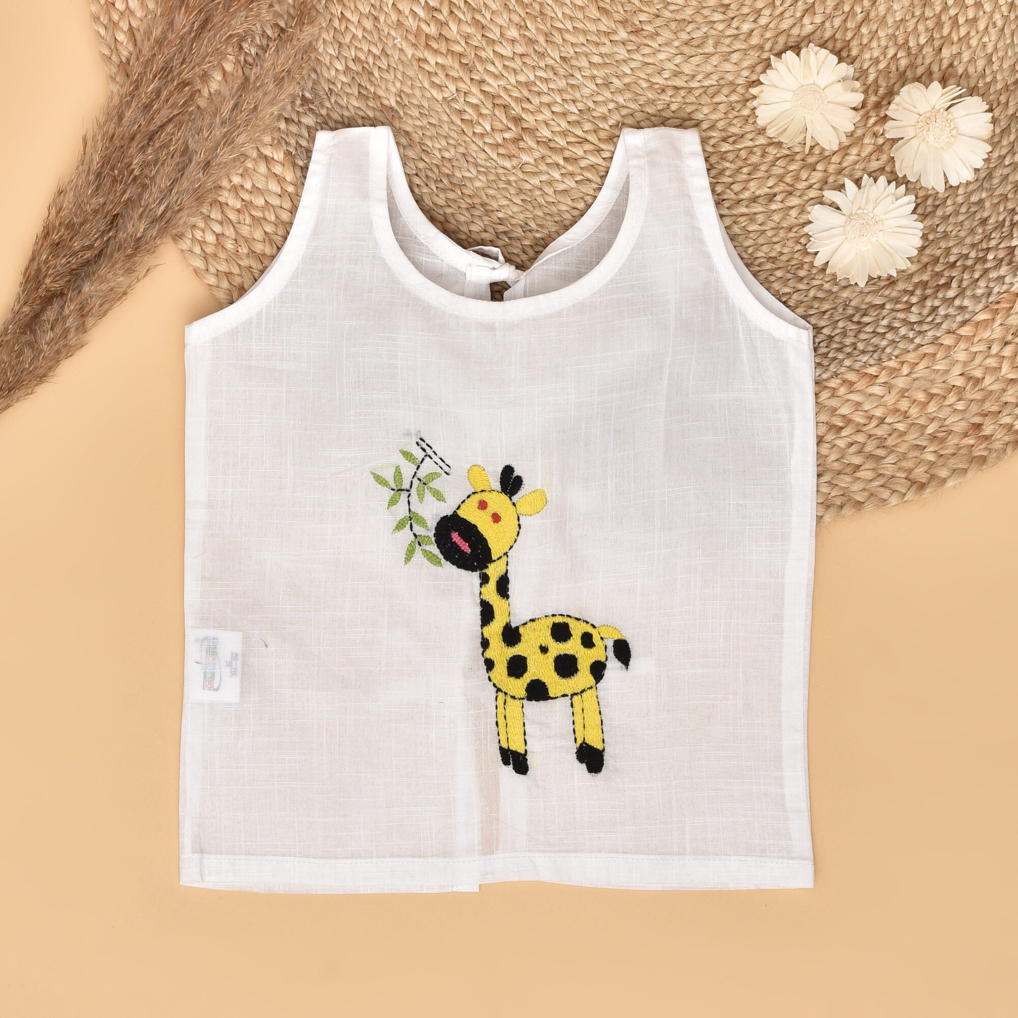 White Cotton Back Open Jabla for Babies with Giraffe Design Hand Embroidery