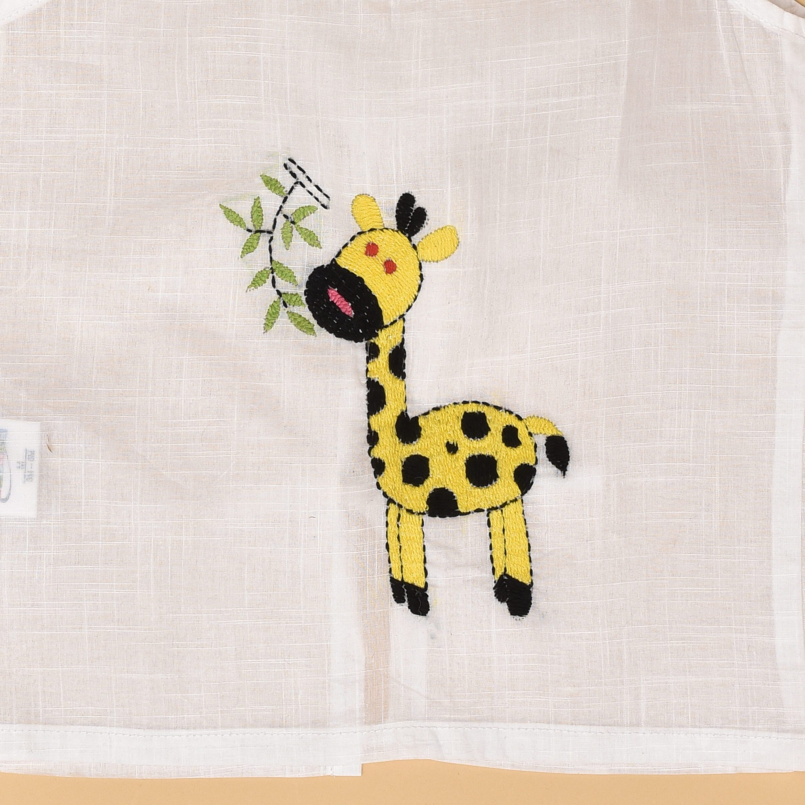 White Cotton Back Open Jabla for Babies with Giraffe Design Hand Embroidery - Image 2