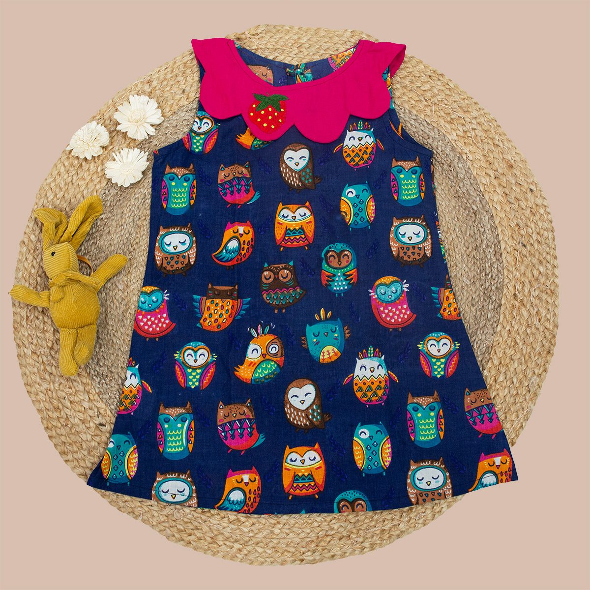 Navy Blue Owl Design Printed Cotton Dress