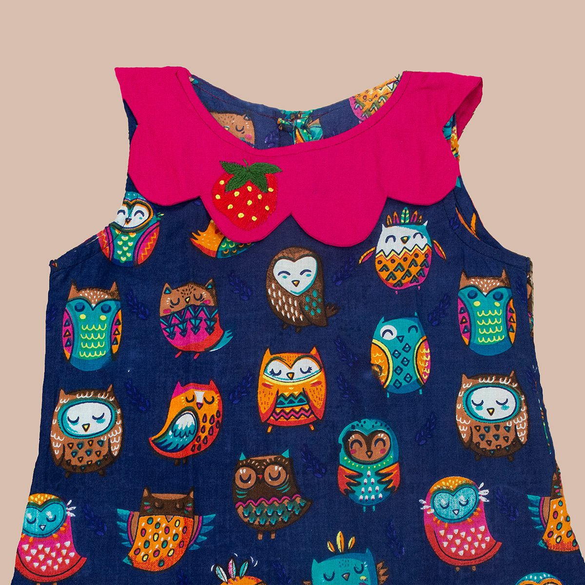 Navy Blue Owl Design Printed Cotton Dress - Image 2