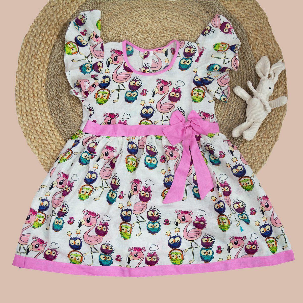 White Flamingo Design Printed Cotton Dress