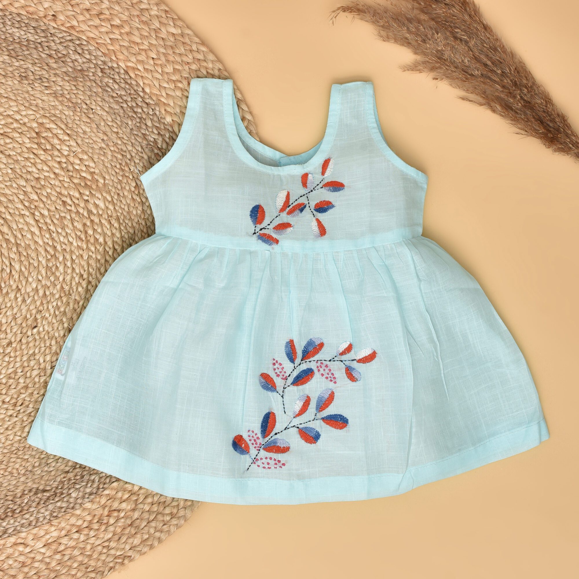 Blue Cotton Baby Dress with Petal Design Hand Embroidery