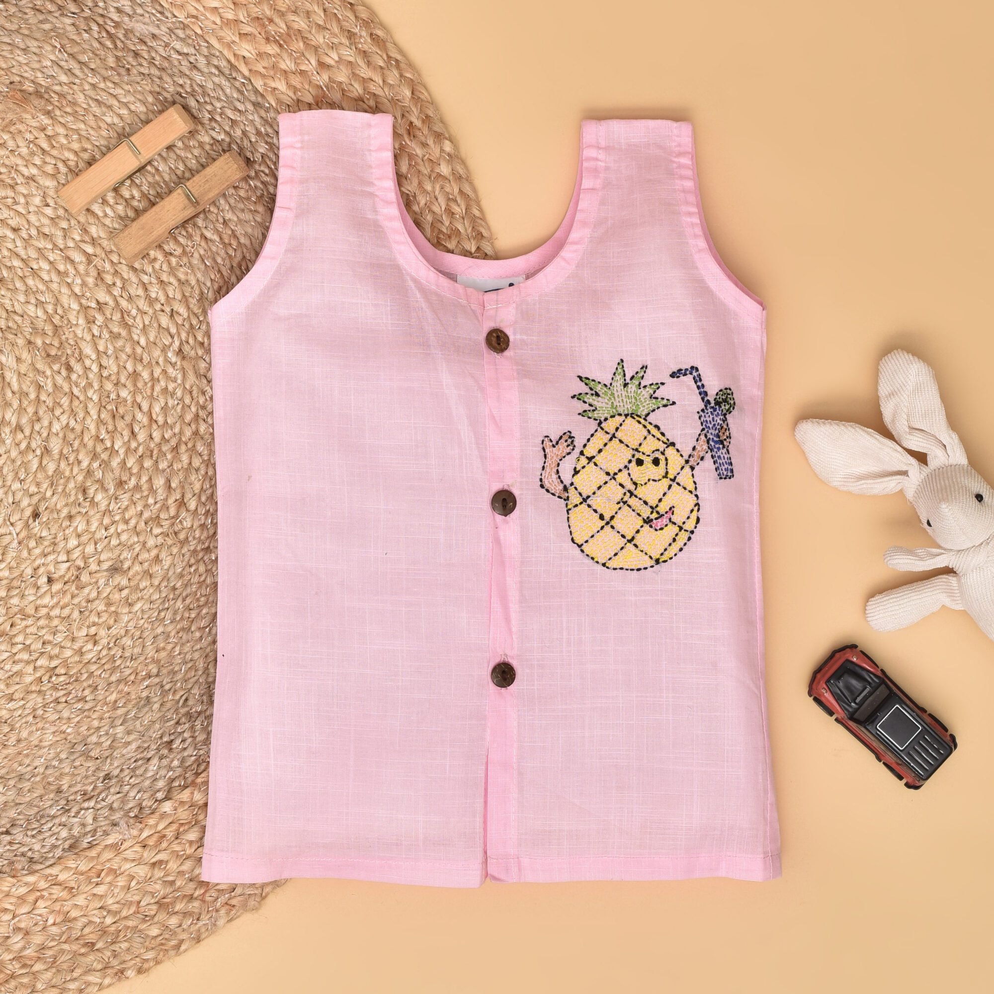 Pink Cotton Front Open Jabla for Babies with Pineapple Design Hand Embroidery