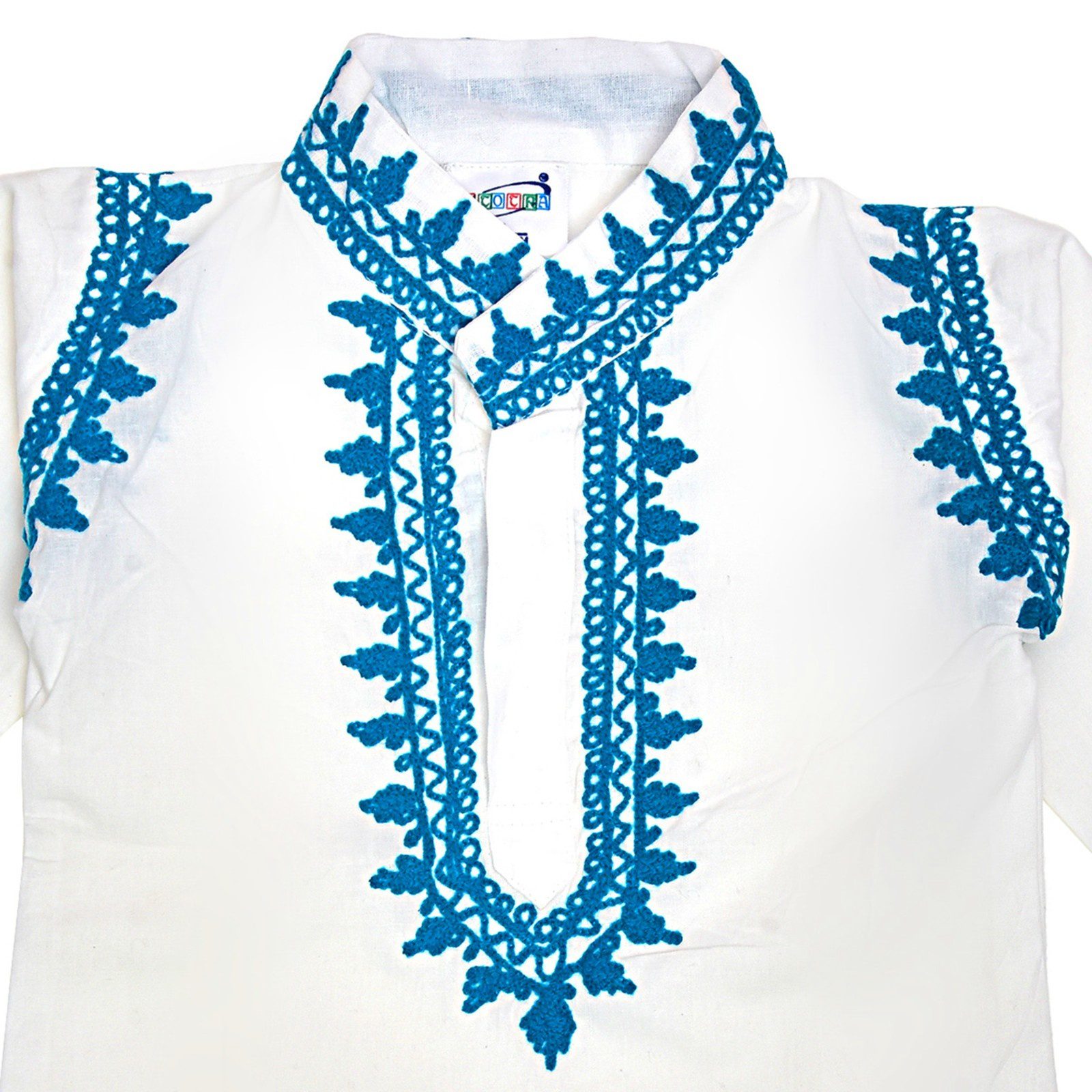 Boys White Cotton Kurta Pyjama with Turqoise Kashmiri Ari Work - Image 3