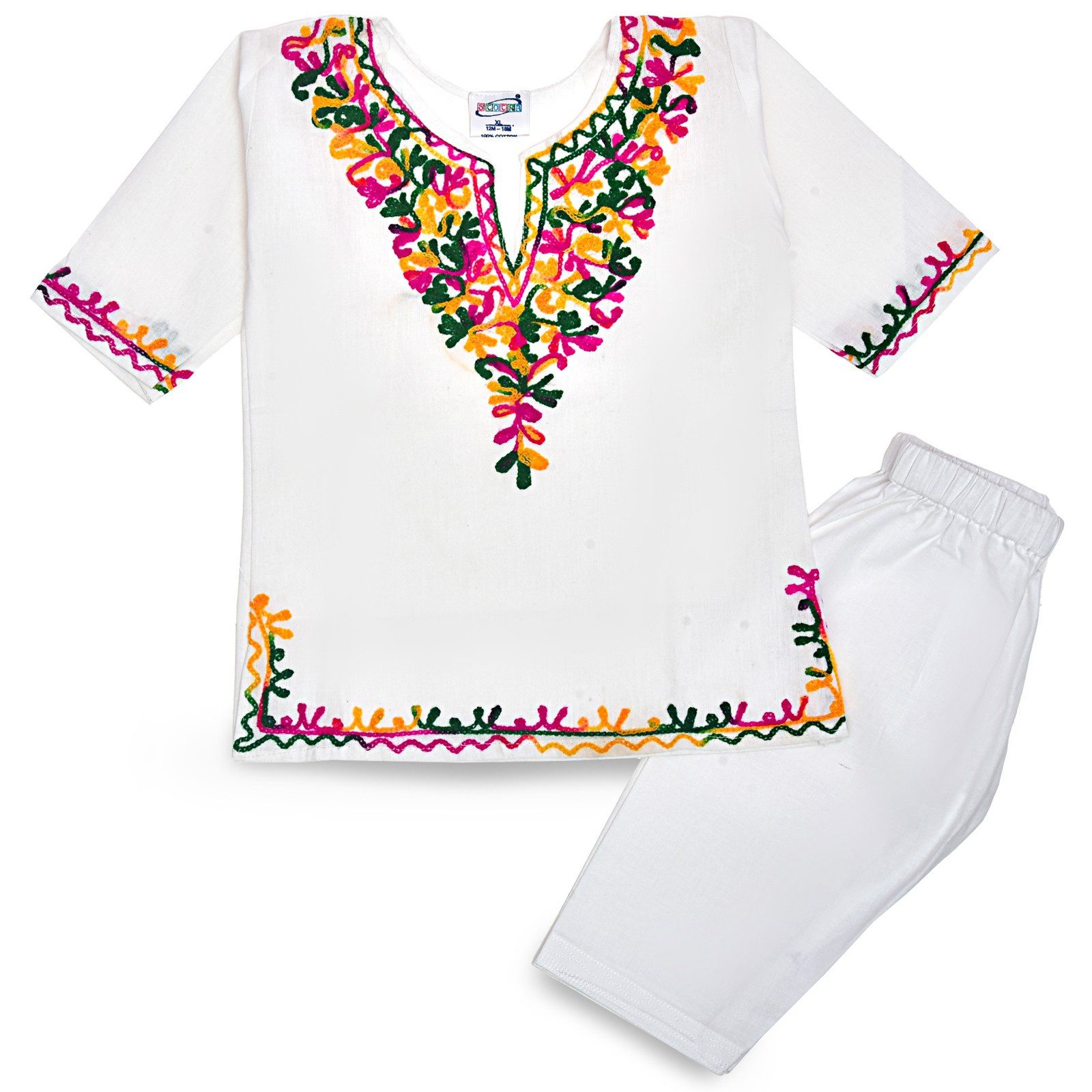 Girls White Cotton Kurta Pyjama with Multicolour Kashmiri Ari Work