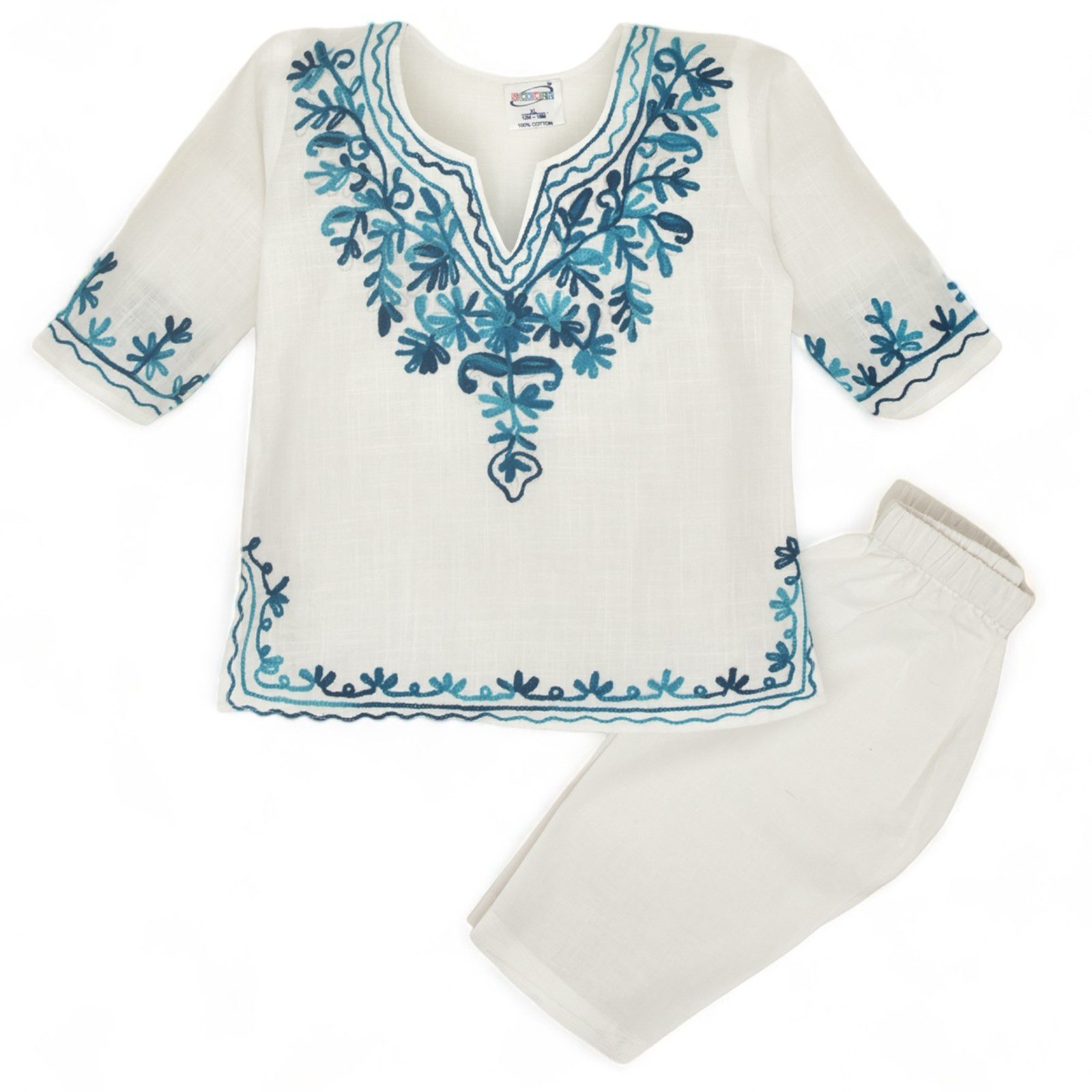 Girls White Cotton Kurta Pyjama with Turquoise Kashmiri Ari Work