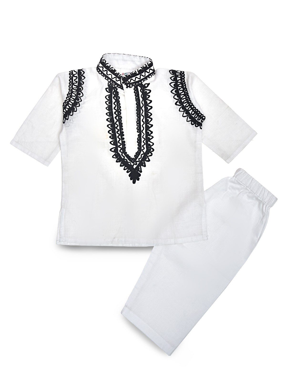 Boys White Cotton Kurta Pyjama with Black Kashmiri Ari Work