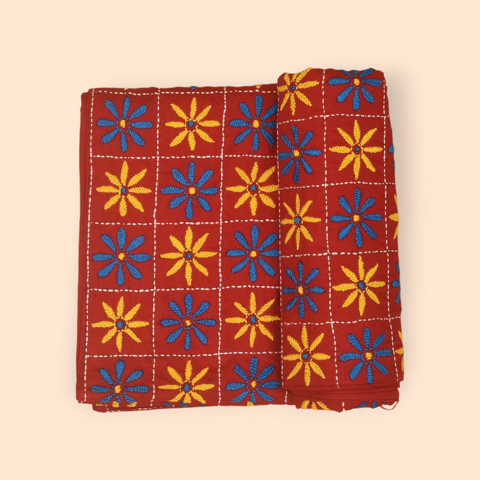 Red Floral Cross-Stitch Hand Embroidered Cotton Nakshi Kantha