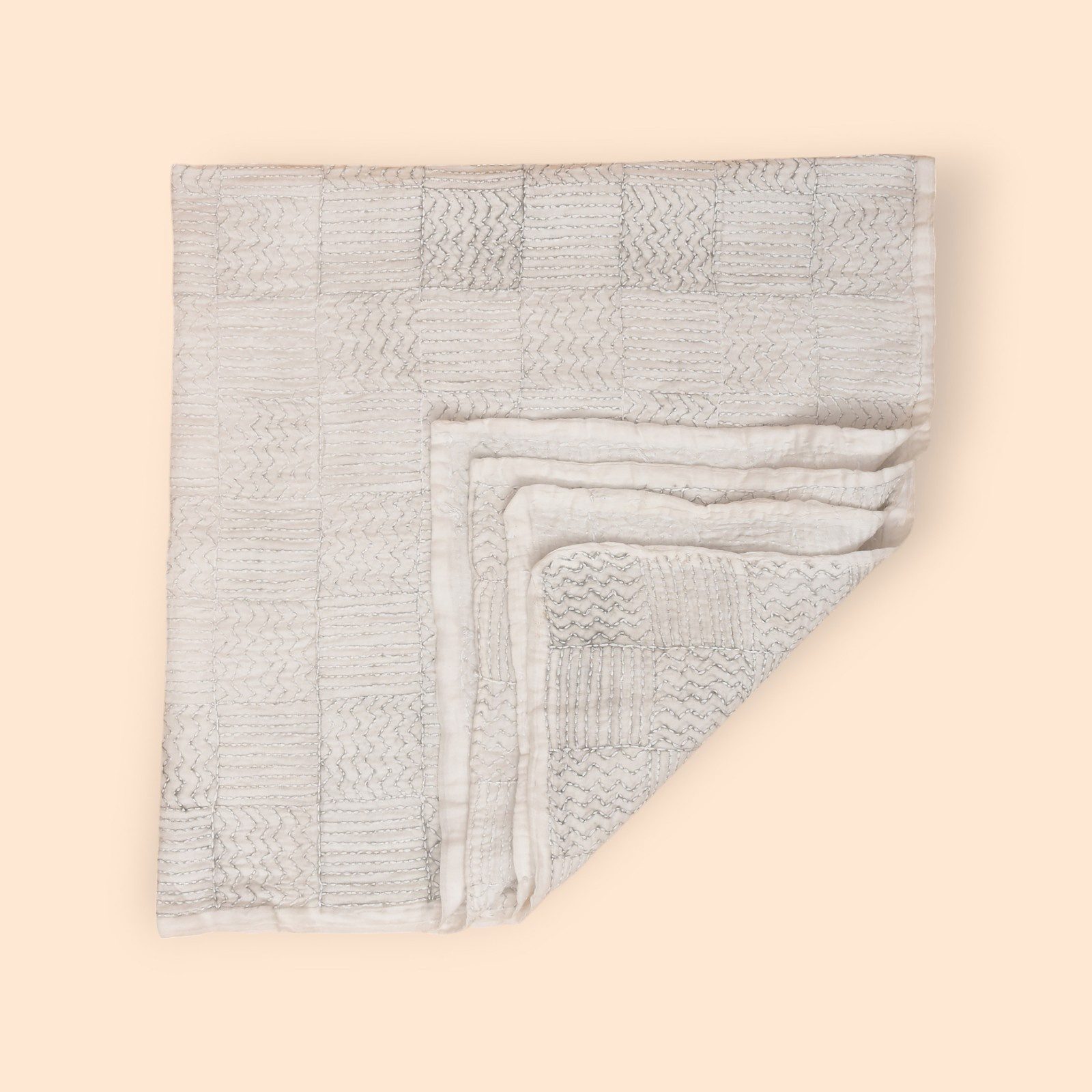 White Geometric Design Hand Embroidered Mulmul Nakshi Kantha